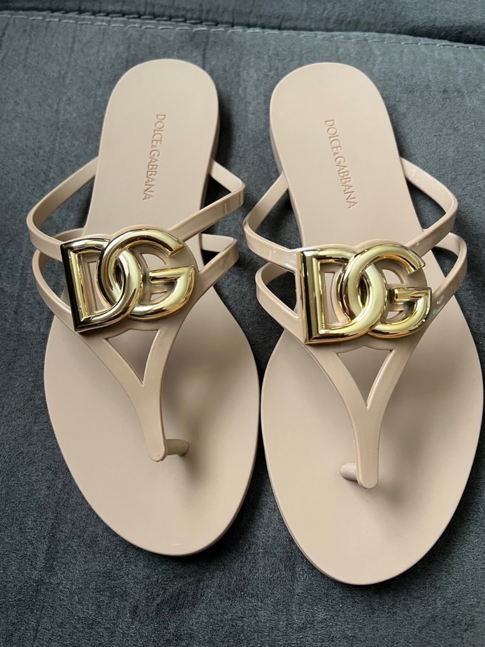 Dolce & Gabbana Beige Thong Sandals with Gold DG Emblem